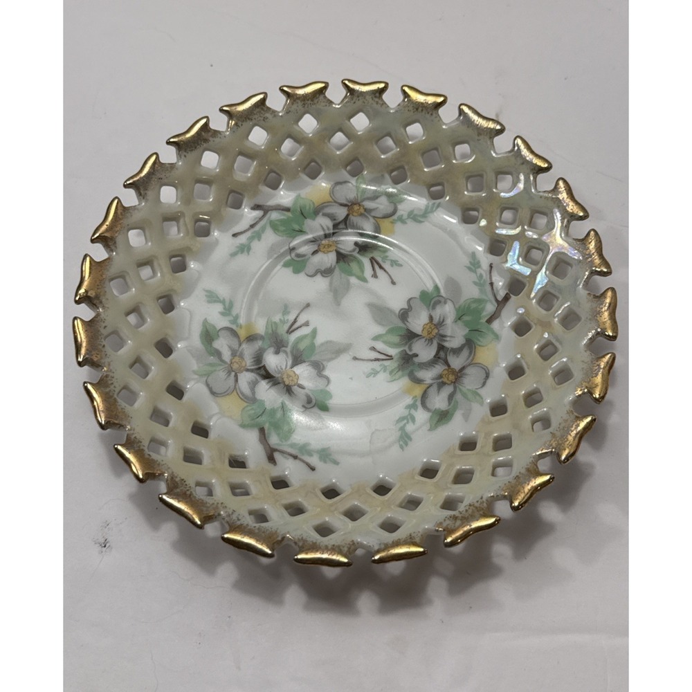 Napco Ceramics Lattice Pierced‎ Dogwood Blossom Saucer-Gilt Edge-Trinket Dish